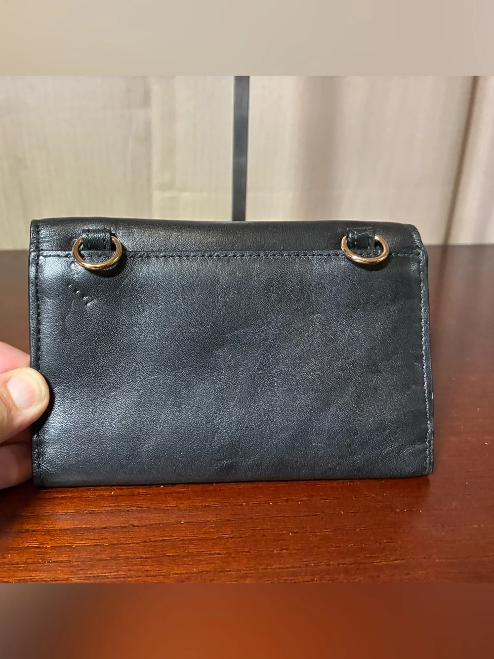 Coach Black Leather Wallet Crossbody with Gold Chain